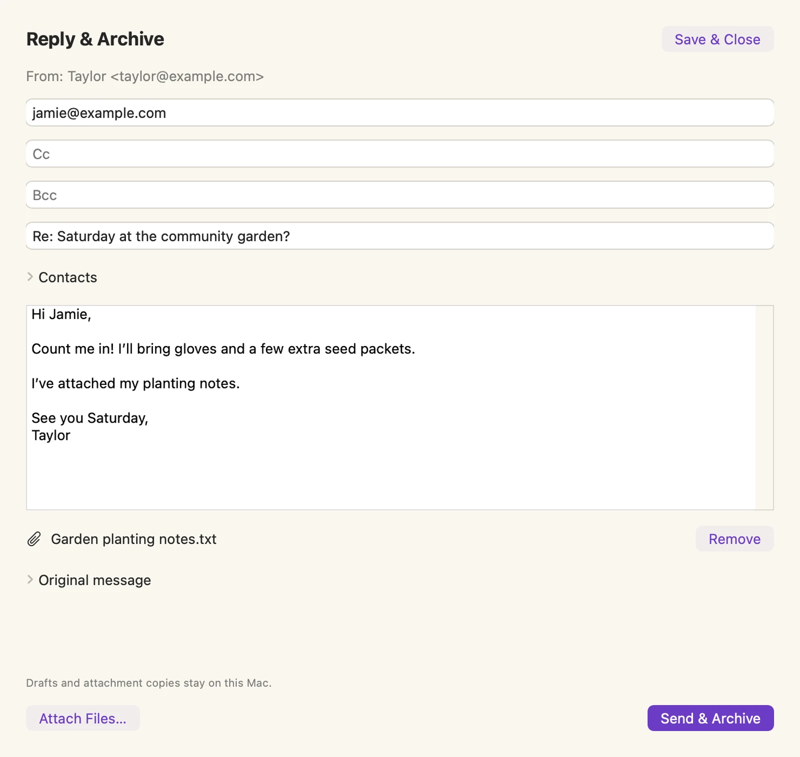 Reply and Archive composer with a reply to Jamie and a Garden planting notes text attachment.