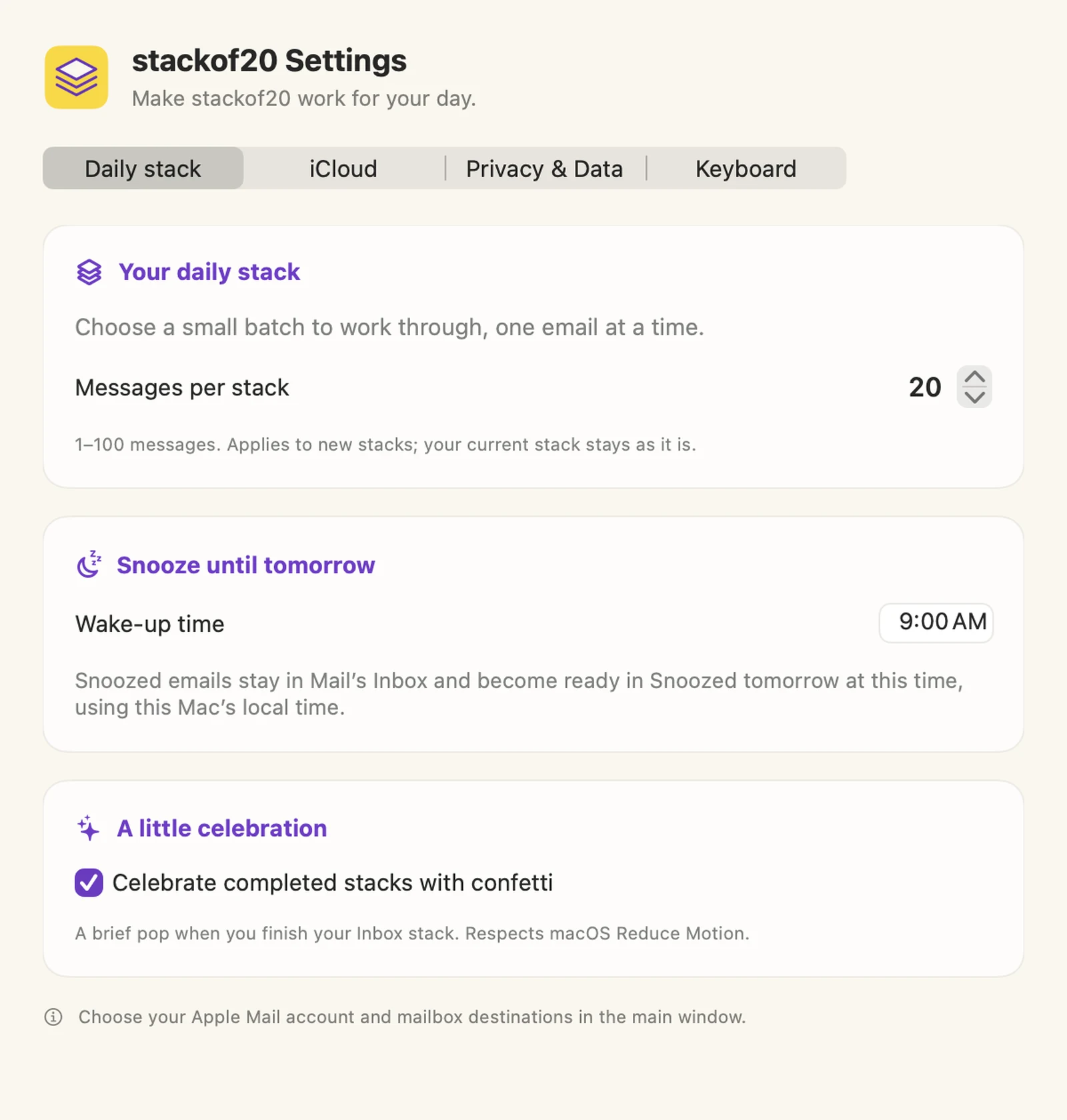 Daily stack settings showing a batch size of twenty, a nine AM snooze time, and the optional confetti checkbox.