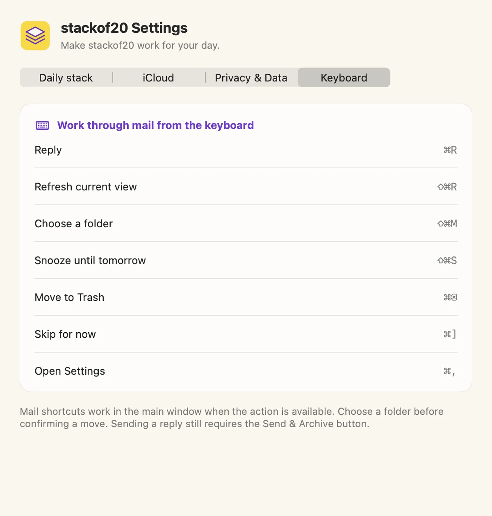 Keyboard settings listing shortcuts for Reply, Refresh, Move, Snooze, Trash, Skip, and Settings.